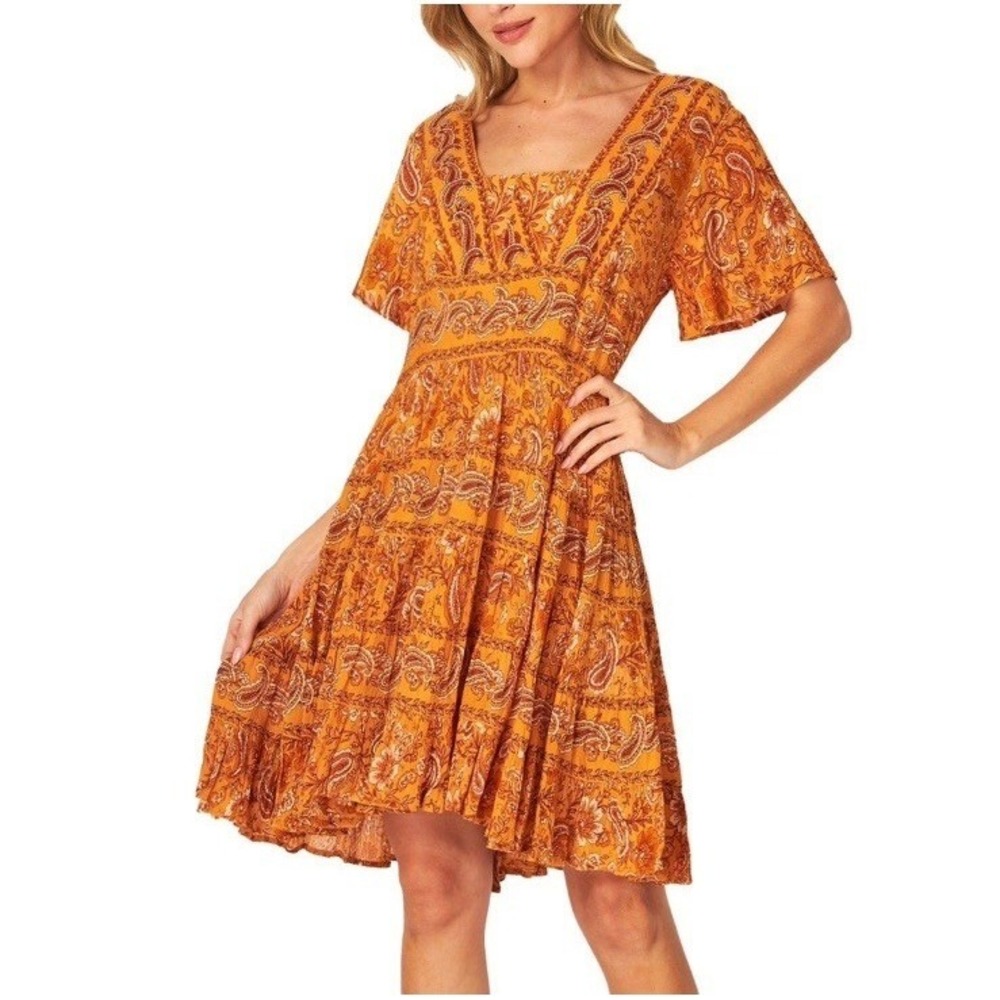 Bila Marigold‎ Paisley Floral Smocked Tiered Mini Dress Womens Large Boho Travel